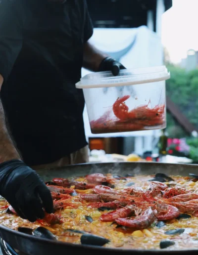 Seafood paella with prawns and mussels during a live showcooking in Pärnu